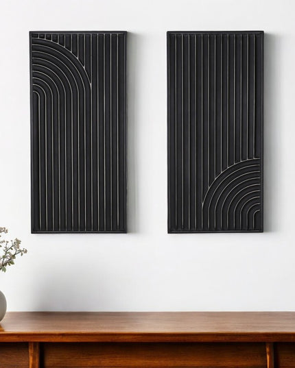 Set of Two Black Metal Abstract Hanging Dimensional Sculptures