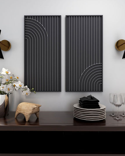 Set of Two Black Metal Abstract Hanging Dimensional Sculptures