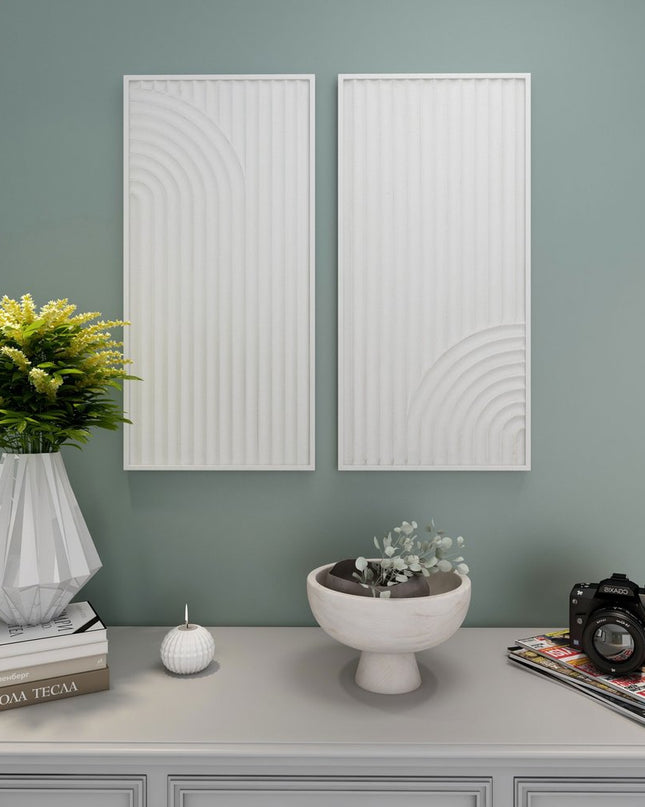 Set of Two White Metal Abstract Hanging Dimensional Sculptures