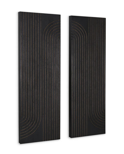 Set of Two 36" X 12" Black Carved Wood Hanging Dimensional Sculptures