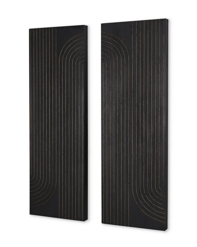 Set of Two 36" X 12" Black Carved Wood Hanging Dimensional Sculptures