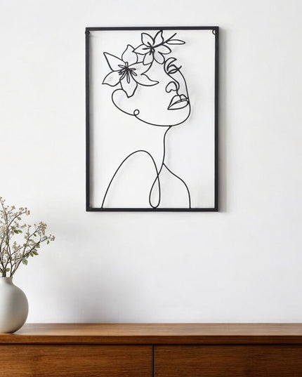 20" X 14" Black Metal Abstract Female Face Hanging Dimensional Sculpture