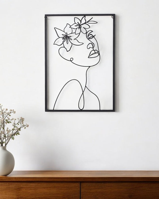 20" X 14" Black Metal Abstract Female Face Hanging Dimensional Sculpture