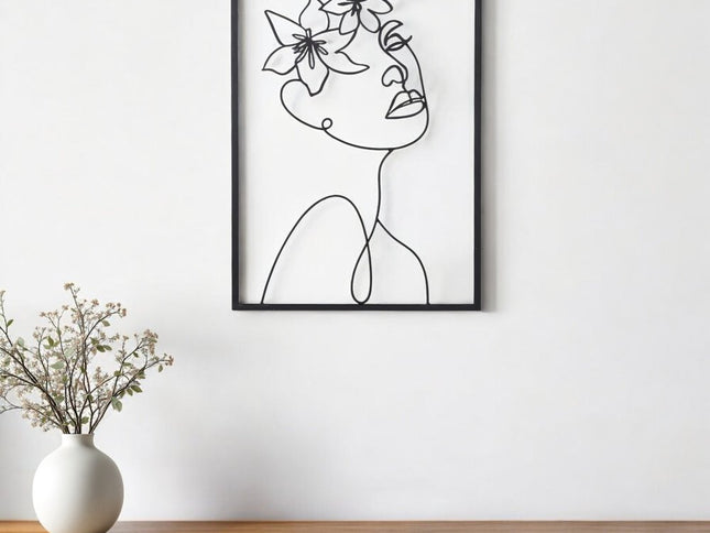 20" X 14" Black Metal Abstract Female Face Hanging Dimensional Sculpture