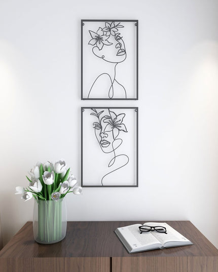 20" X 14" Black Metal Abstract Female Face Hanging Dimensional Sculpture