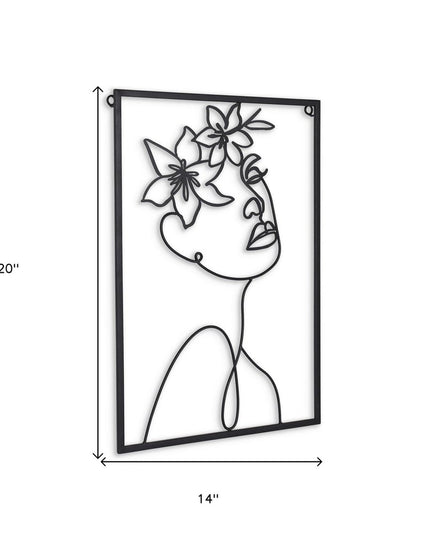 20" X 14" Black Metal Abstract Female Face Hanging Dimensional Sculpture