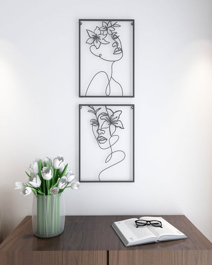 20" X 14" Black Metal Abstract Female Face Hanging Dimensional Sculpture