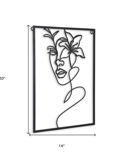 20" X 14" Black Metal Abstract Female Face Hanging Dimensional Sculpture