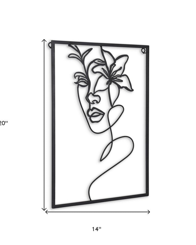 20" X 14" Black Metal Abstract Female Face Hanging Dimensional Sculpture