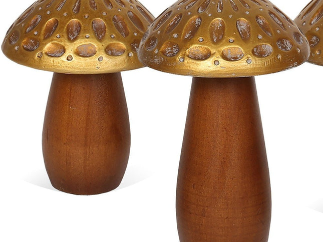 Set of Three Brown And Gold Wood Mushroom Tabletop Sculptures