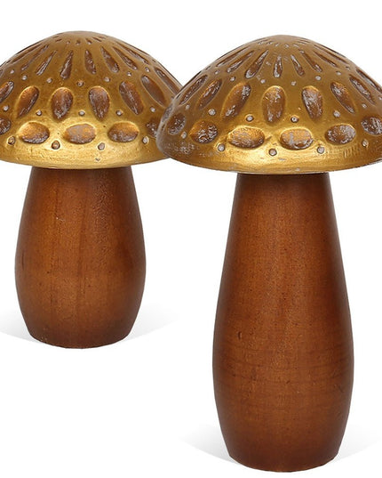 Set of Three Brown And Gold Wood Mushroom Tabletop Sculptures
