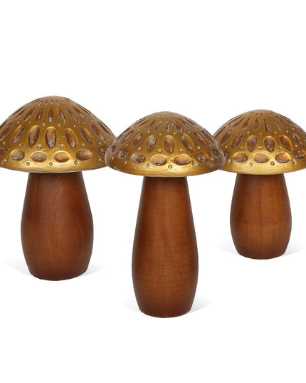 Set of Three Brown And Gold Wood Mushroom Tabletop Sculptures