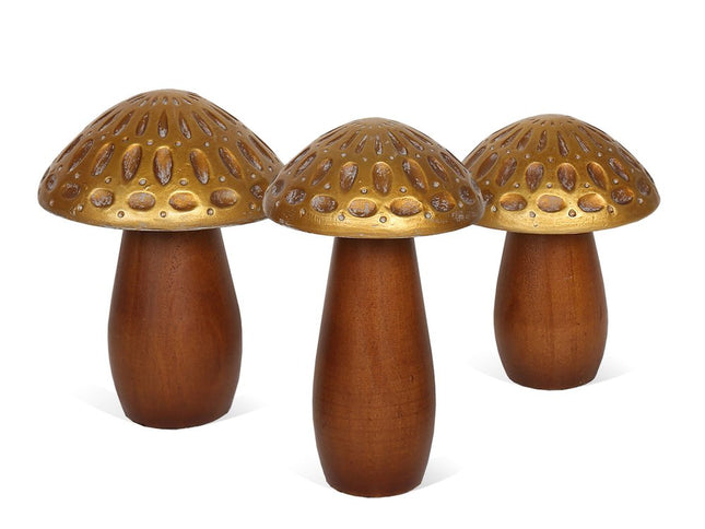 Set of Three Brown And Gold Wood Mushroom Tabletop Sculptures