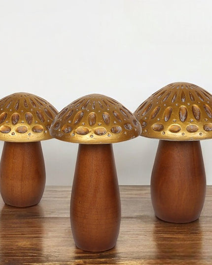Set of Three Brown And Gold Wood Mushroom Tabletop Sculptures