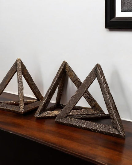 Set of Three Bronze Metal Pyramid Tabletop Sculptures