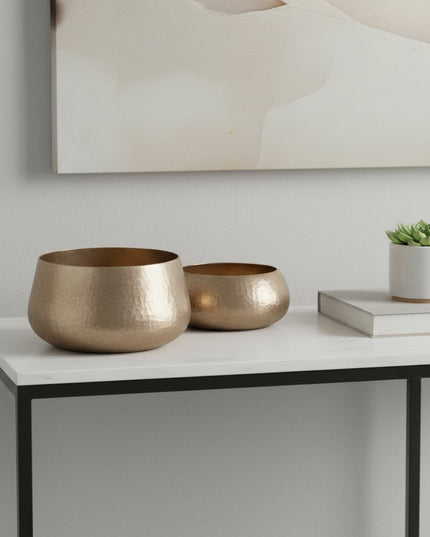 Set of Two Gold Aluminum Round Table Vases