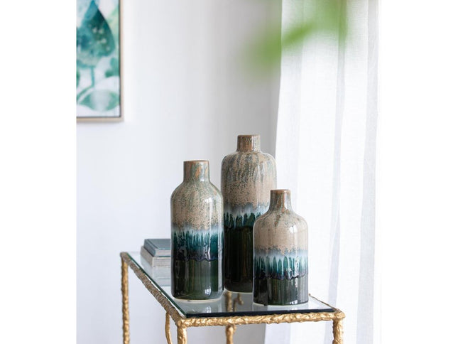 Set of Three Beige Blue And Green Round Ceramic Table Vase