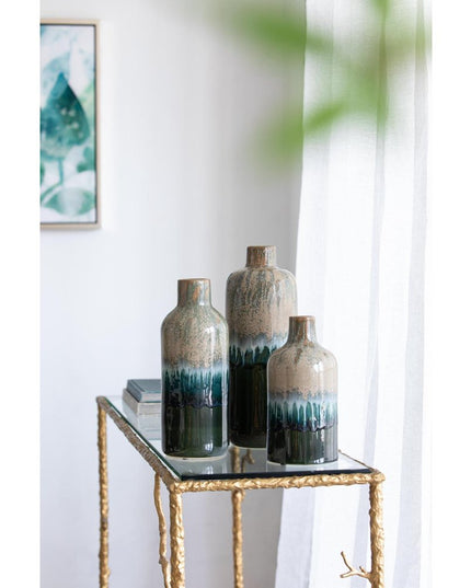 Set of Three Beige Blue And Green Round Ceramic Table Vase