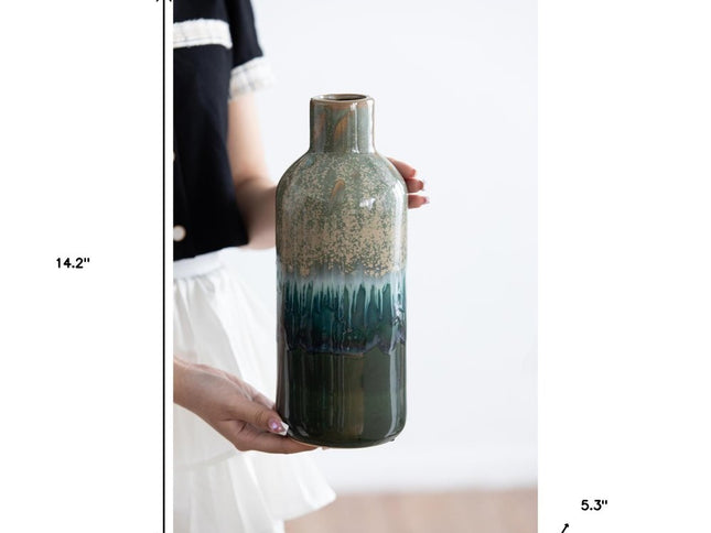 Set of Three Beige Blue And Green Round Ceramic Table Vase