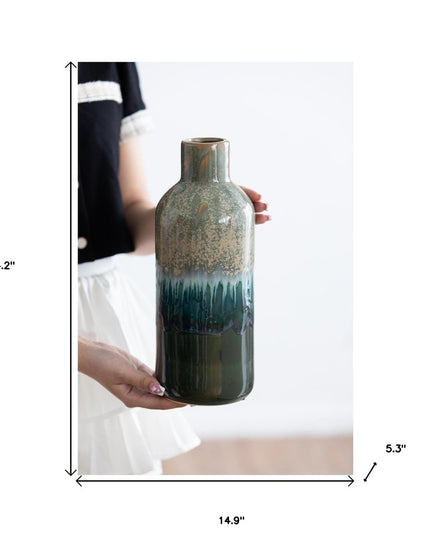 Set of Three Beige Blue And Green Round Ceramic Table Vase