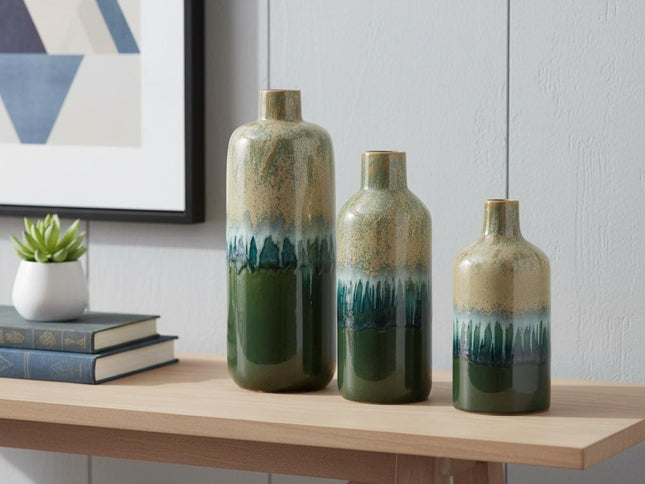 Set of Three Beige Blue And Green Round Ceramic Table Vase