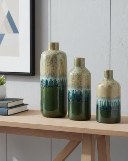 Set of Three Beige Blue And Green Round Ceramic Table Vase