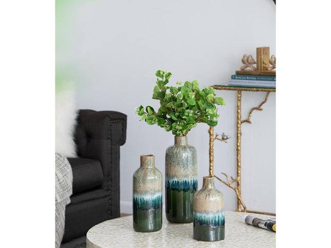 Set of Three Beige Blue And Green Round Ceramic Table Vase