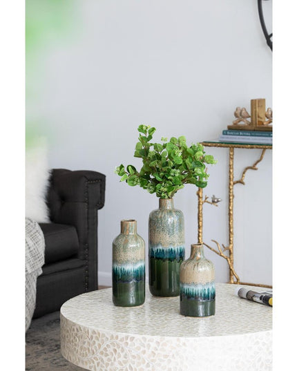 Set of Three Beige Blue And Green Round Ceramic Table Vase