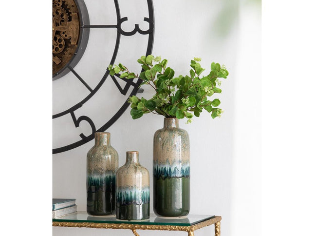 Set of Three Beige Blue And Green Round Ceramic Table Vase