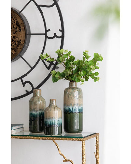 Set of Three Beige Blue And Green Round Ceramic Table Vase