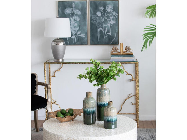 Set of Three Beige Blue And Green Round Ceramic Table Vase