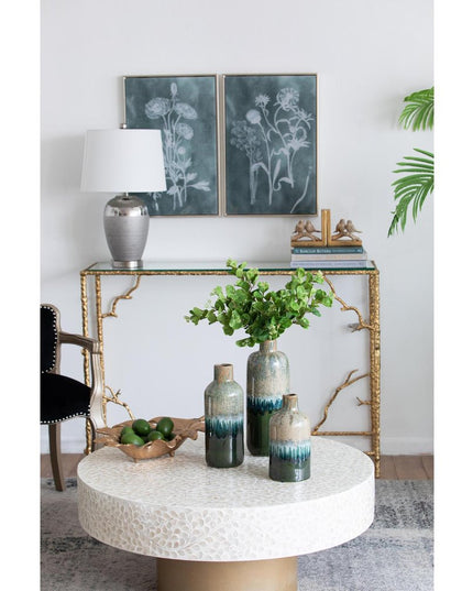 Set of Three Beige Blue And Green Round Ceramic Table Vase