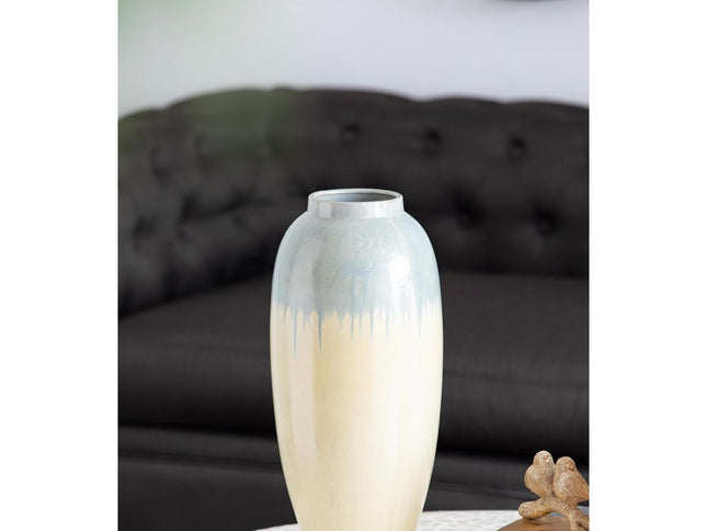 16" Blue And Cream Reactive Glaze Ceramic Cylinder Table Vase