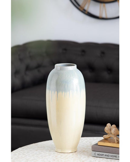 16" Blue And Cream Reactive Glaze Ceramic Cylinder Table Vase