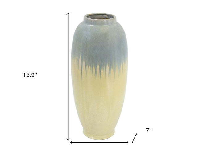 16" Blue And Cream Reactive Glaze Ceramic Cylinder Table Vase