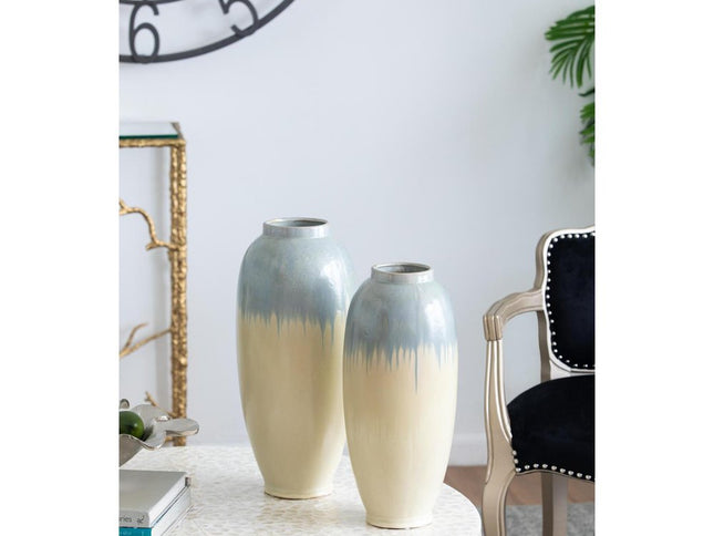 16" Blue And Cream Reactive Glaze Ceramic Cylinder Table Vase