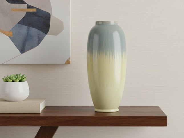 16" Blue And Cream Reactive Glaze Ceramic Cylinder Table Vase