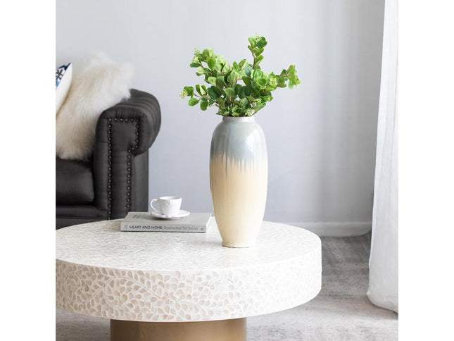 16" Blue And Cream Reactive Glaze Ceramic Cylinder Table Vase