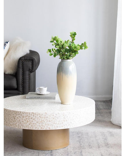 16" Blue And Cream Reactive Glaze Ceramic Cylinder Table Vase