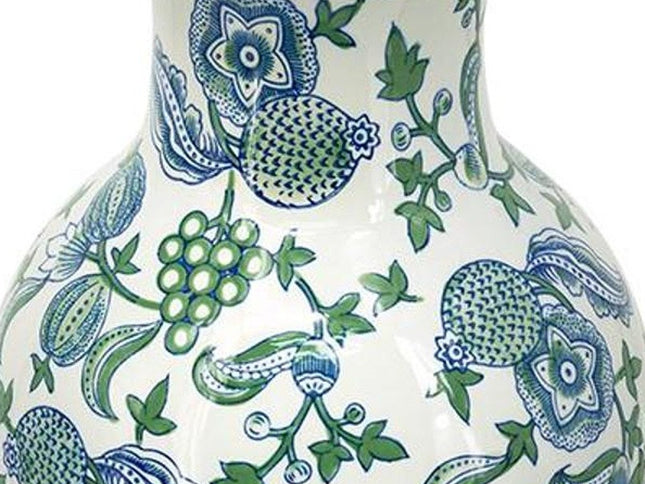 19" White Blue And Green Floral Urn Porcelain Table Vase