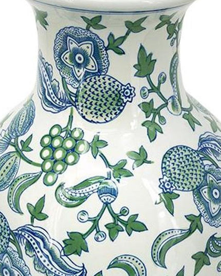 19" White Blue And Green Floral Urn Porcelain Table Vase