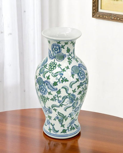 19" White Blue And Green Floral Urn Porcelain Table Vase