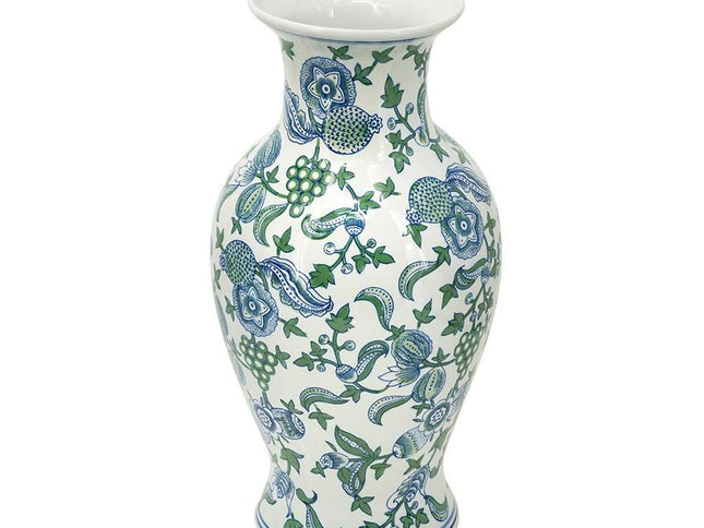 19" White Blue And Green Floral Urn Porcelain Table Vase