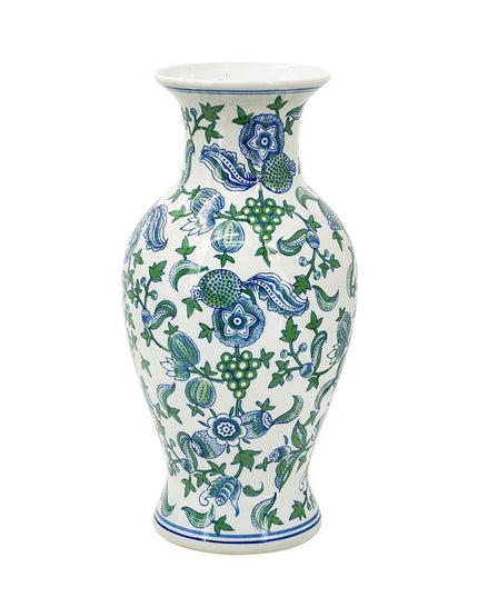 19" White Blue And Green Floral Urn Porcelain Table Vase