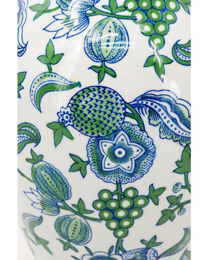 19" White Blue And Green Floral Urn Porcelain Table Vase