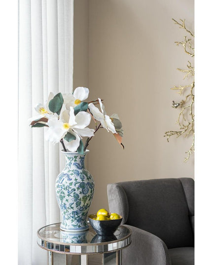 19" White Blue And Green Floral Urn Porcelain Table Vase