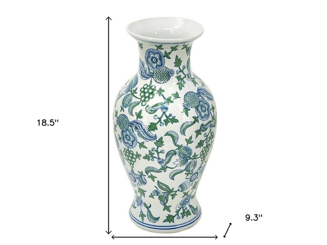 19" White Blue And Green Floral Urn Porcelain Table Vase