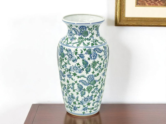 24" White Blue And Green And White Chinoiserie Porcelain Table Vase
