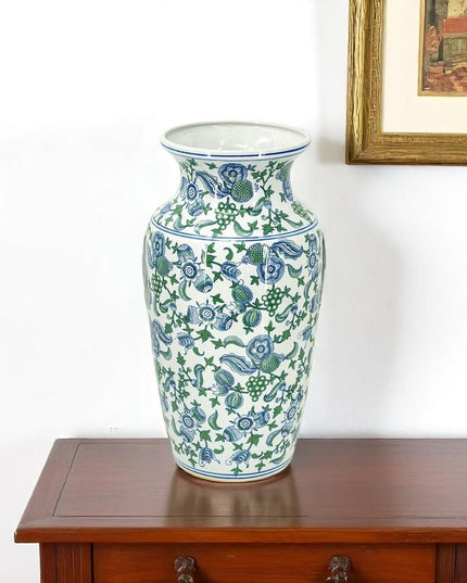 24" White Blue And Green And White Chinoiserie Porcelain Table Vase