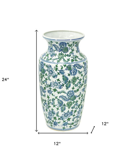 24" White Blue And Green And White Chinoiserie Porcelain Table Vase